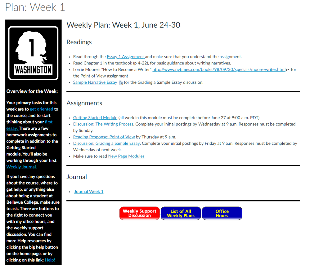 module overview with sections for overview, readings, activities, journal and help