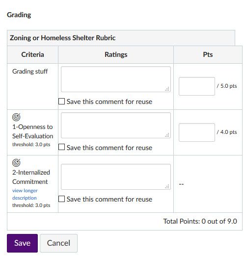 View of rubric in gradebook