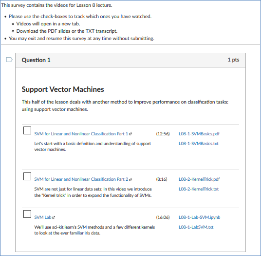 survey page with list of videos as answer responses