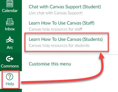 Accessing the Learn How To Use Canvas Module via the Help Menu screen shot