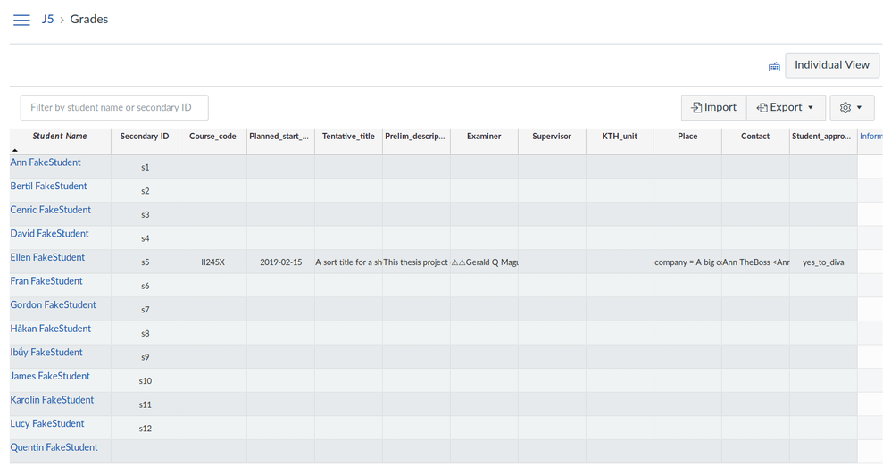 Gradebook full of fake students