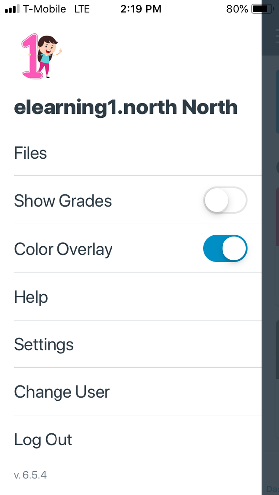 Global Navigation Menu_ Files, Show Grades, Color Overlay, Help, Settings, Change User, and Log out