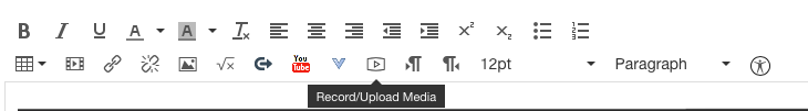screenshot of canvas rich text editor with hover text for the &quot;record media&quot; button visible.
