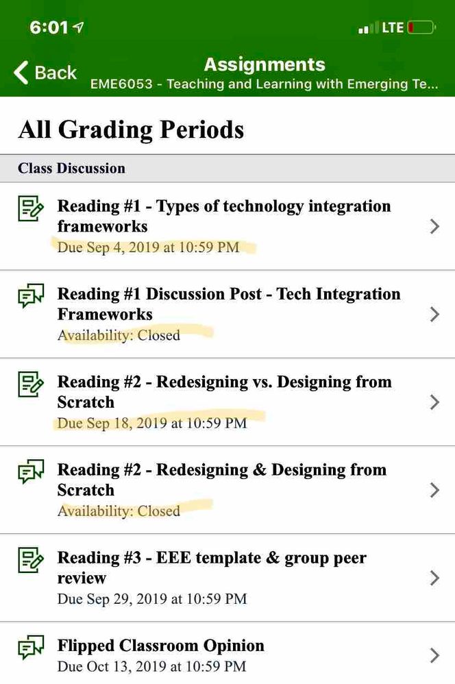 Image of mobile app assignment list (past, present &amp; future assignments)