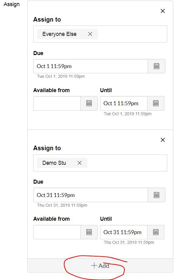 Two dates boxes in canvas quiz details settings. The +ADD is circled as important.