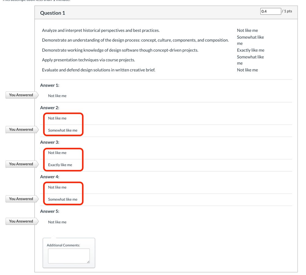 screen shot of answers in speed grader