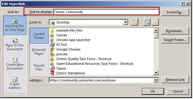Edit Hyperlink dialog box