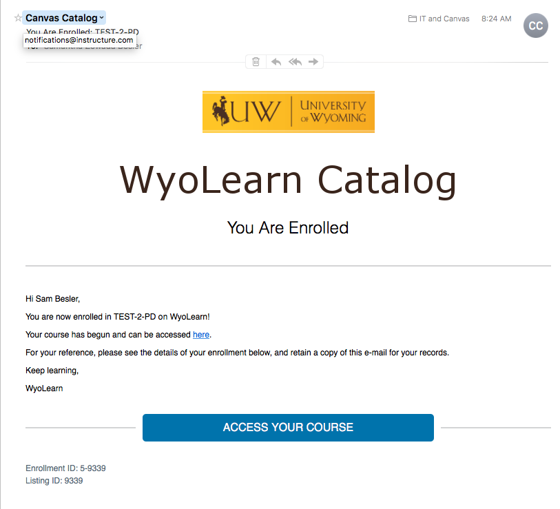 screen shot of email branding through Canvas Catalog