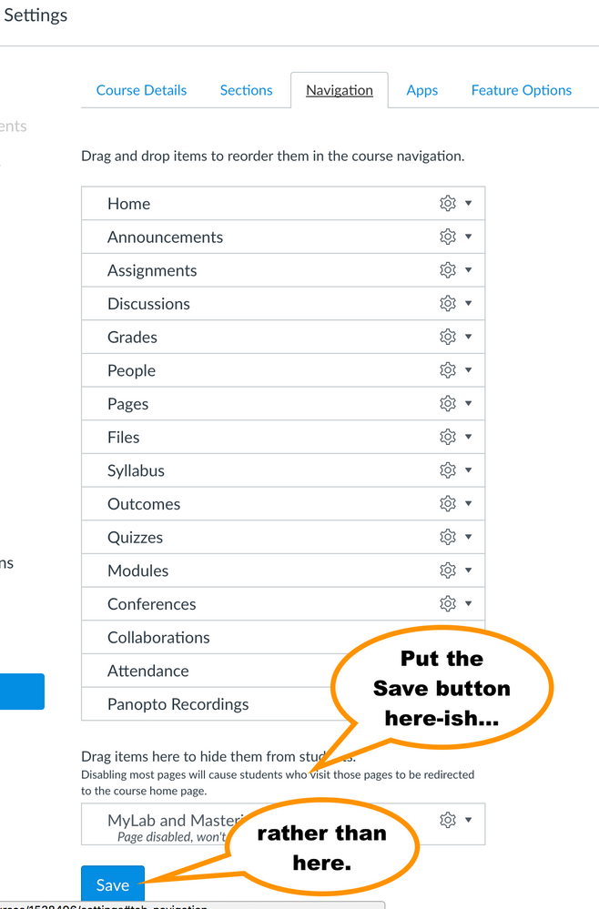 screen shot of Navigation settings menu with callout showing the proposed location of the Save button