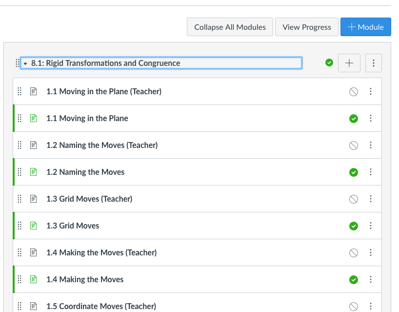 Screenshot of expanded modules with button allowing to collapse all modules