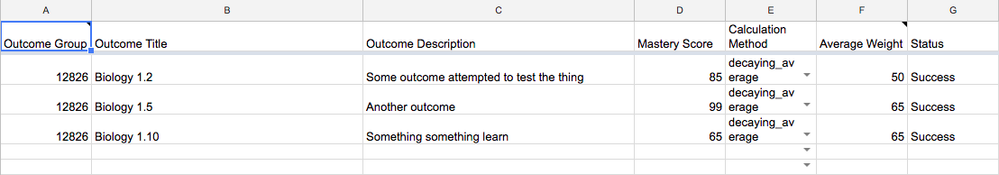 Outcome upload template in a Google Sheet