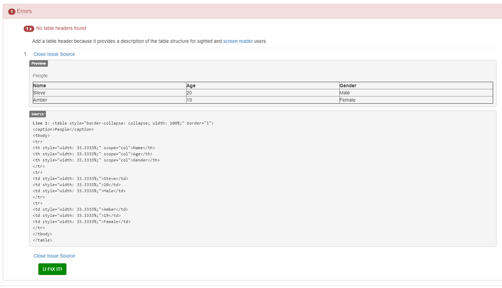 Table header error