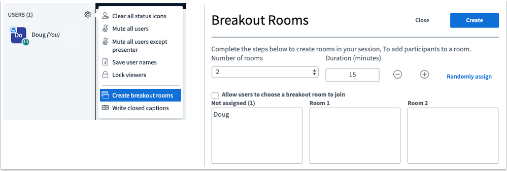 Breakout rooms interface